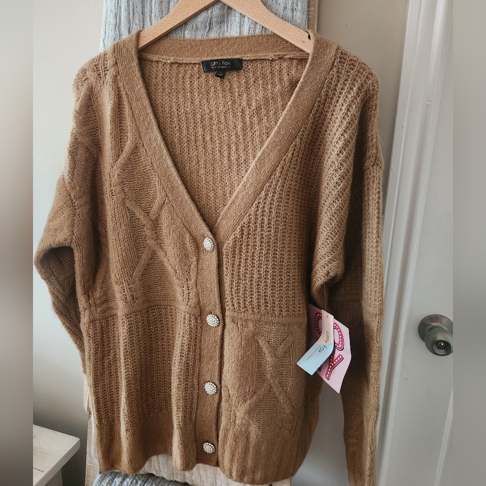 Cozy V-Neck Tan Button Cardigan Sweater With Pearl Buttons